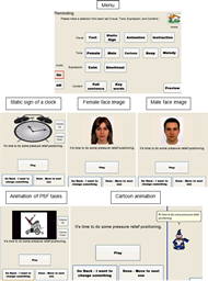 This figure shows the menu and selection result display of the computer program.  The selection results shown in this figure include a static sign of a clock, a female face image, a male face image, an image of the animation of power seat function task, and an image of carton animation. 
